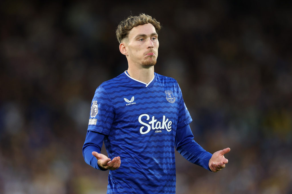 James Garner of Everton reacts during the Premier League match between Leeds United and Everton at Elland Road.