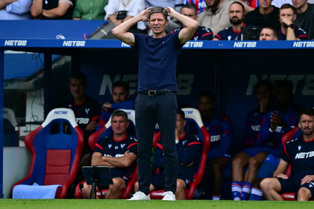 Crystal Palace's Austrian manager Oliver Glasner reacts during the English Premier League football match between Crystal Palace and Nottingham Forest at Selhurst Park.