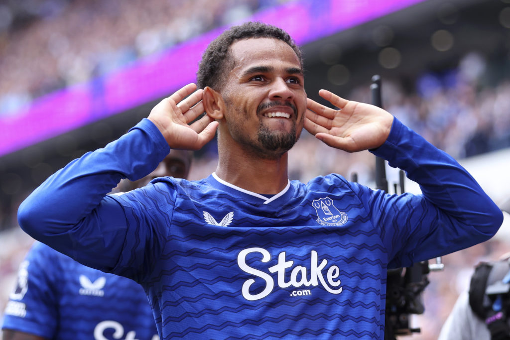 Everton forward Iliman Ndiaye celebartes goal in the Premier League.