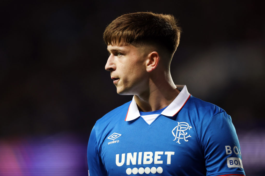 Mikey Moore in action during Rangers v Club Brugge in the UEFA Champions League Play-offs Round First Leg