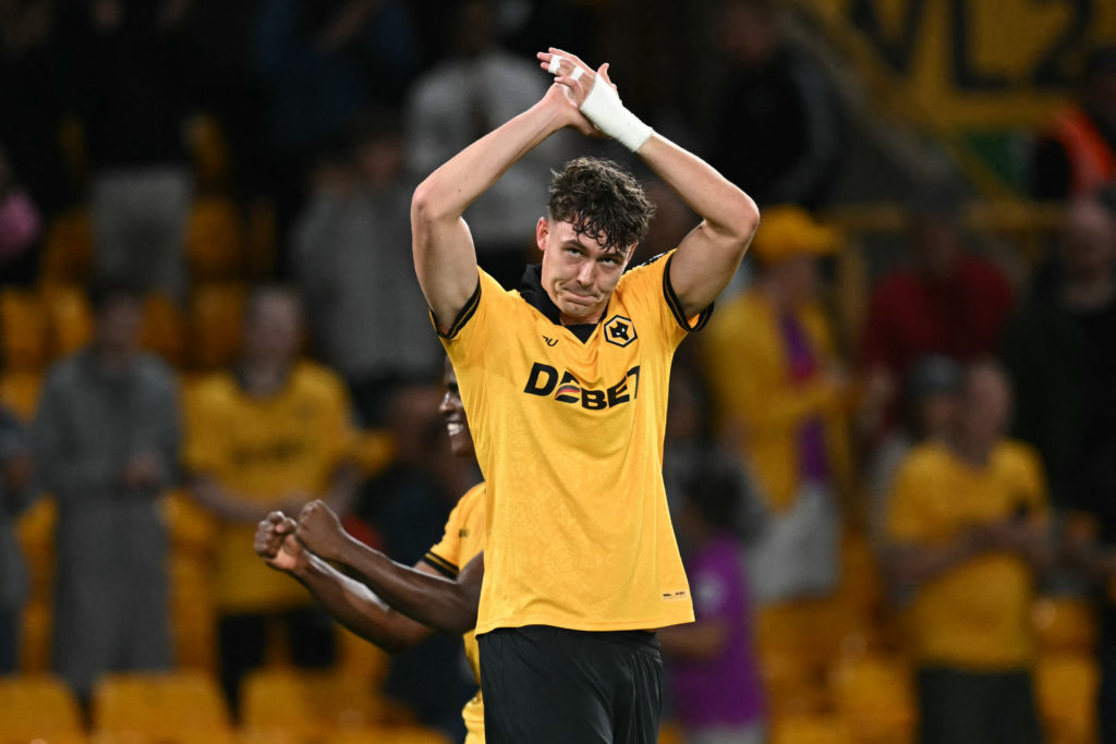 Wolverhampton Wanderers' Norwegian striker #09 Jorgen Strand Larsen celebrates after scoring their third goal during the English League cup second round football match between Wolverhampton Wanderers and West Ham United at the Molineux stadium
