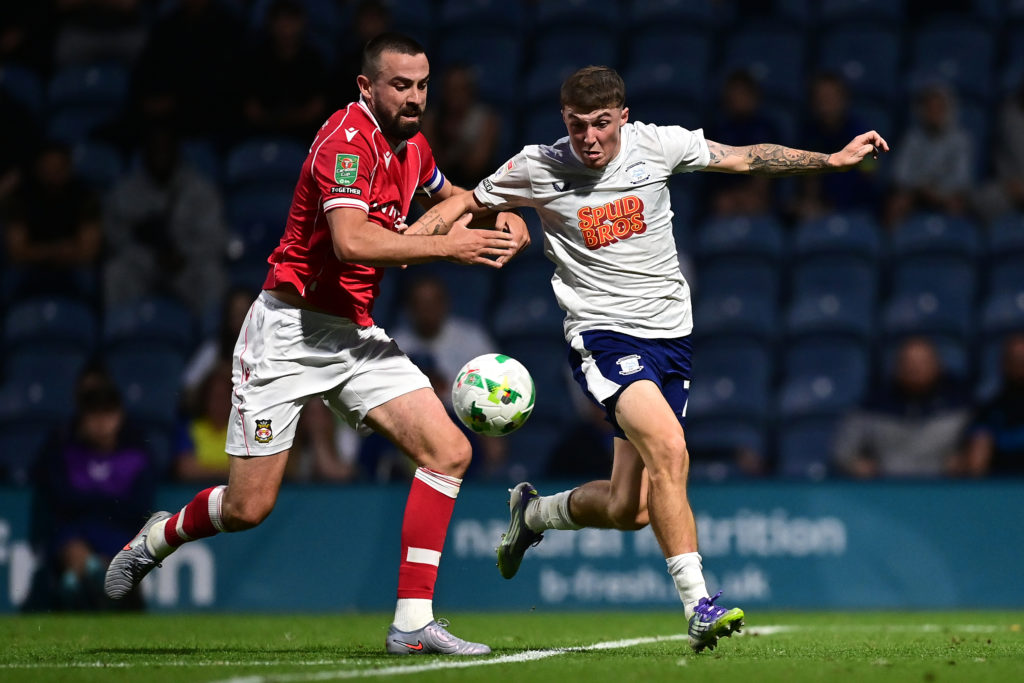 Preston North End midfielder Alfie Devine in action against Wrexham.