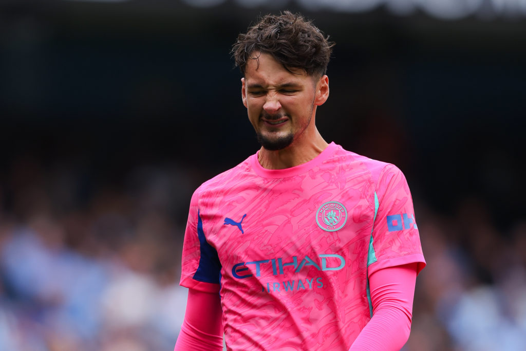 James Trafford of Manchester City reacts after conceding during the Premier League match between Manchester City and Tottenham Hotspur at Etihad Stadium