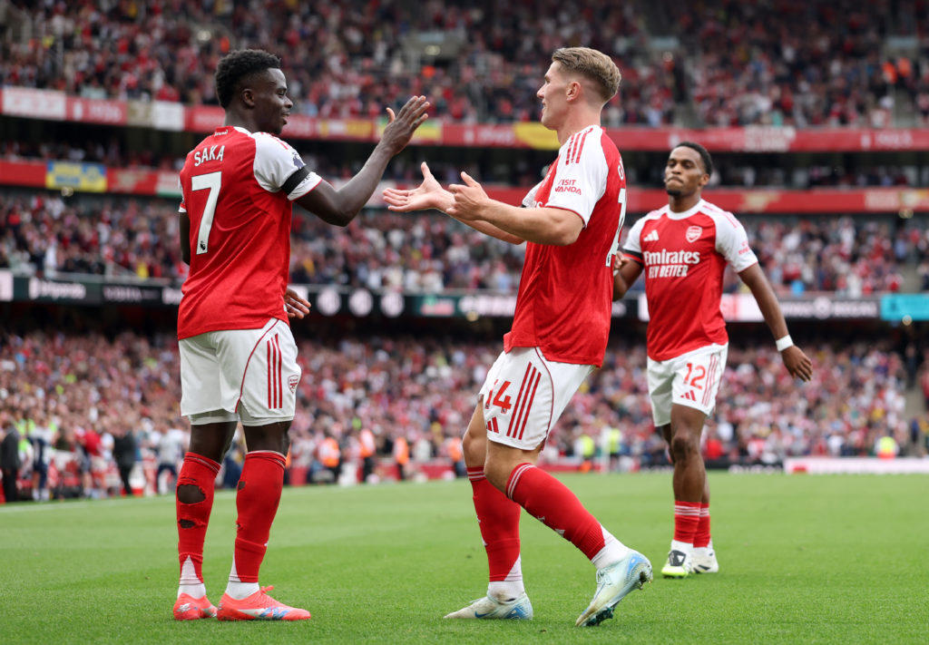 Bukayo Saka of Arsenal celebrates scoring his team's second goal with teammate Viktor Gyoekeres during the Premier League match between Arsenal and Leeds United at Emirates Stadium