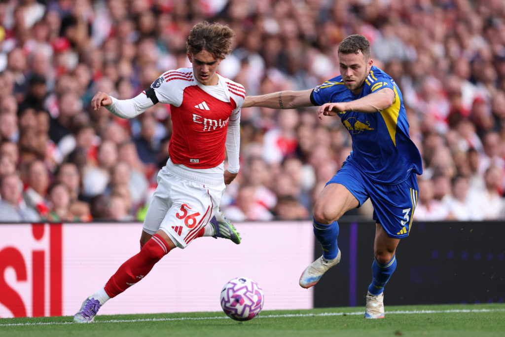 Max Dowman takes on Leeds' full-back for Arsenal.