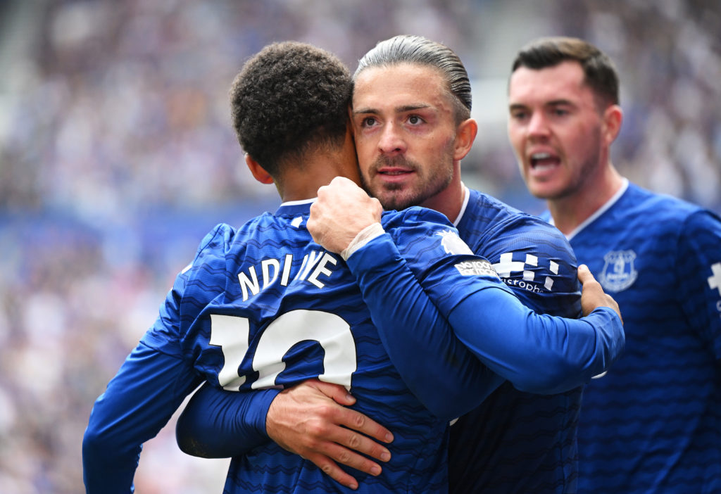 Jack Grealish celebrates his assist for Everton teammate Iliman Ndiaye.