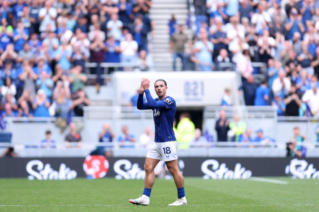 Jack Grealish applauds Everton fans after beating Brighton in the Premier League.