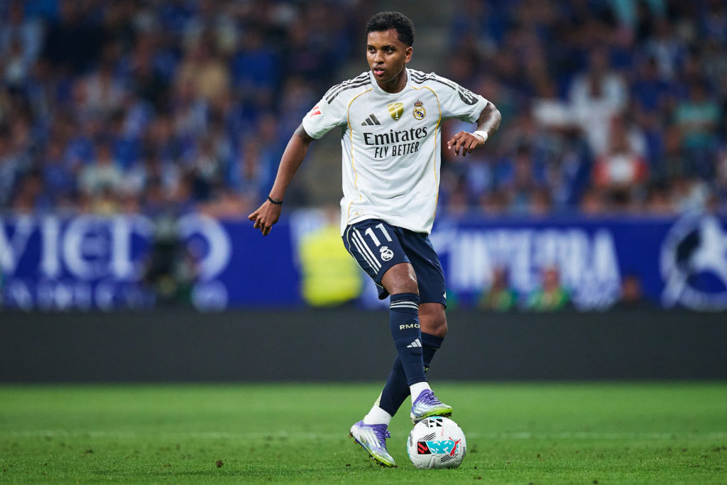 Rodrygo Goes of Real Madrid runs with the ball during the LaLiga EA Sports match between Real Oviedo and Real Madrid CF