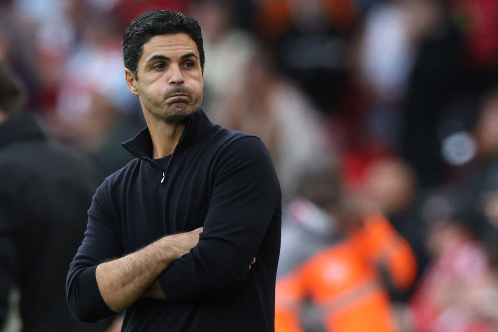 Mikel Arteta gestures on the touchline during the English Premier League football match between Liverpool and Arsenal at Anfield in Liverpool.