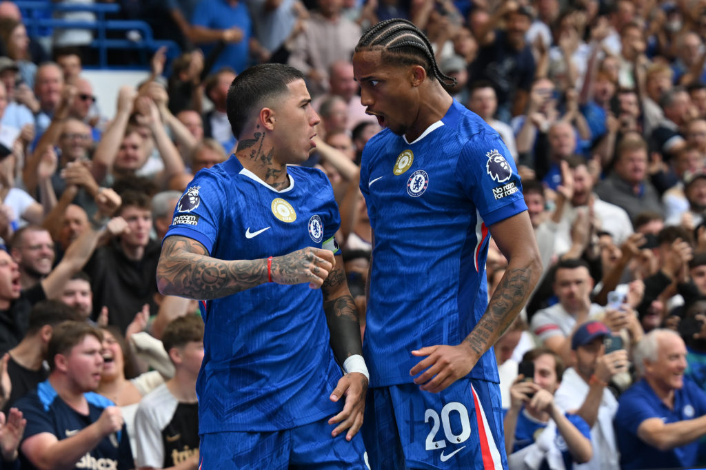 Enzo Fernandez of Chelsea celebrates with fellow goalscorer Joao Pedro of Chelsea after scoring from the penalty spot during the Premier League match between Chelsea and Fulham at Stamford Bridge.