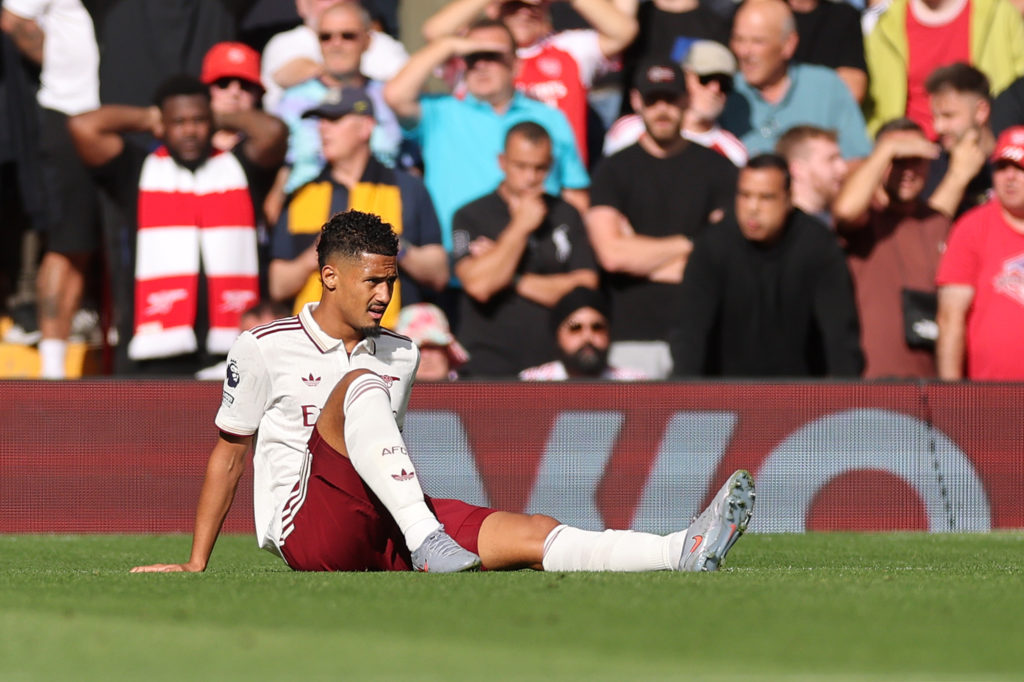 Arsenal defender William Saliba forced off with an injury against Liverpool.