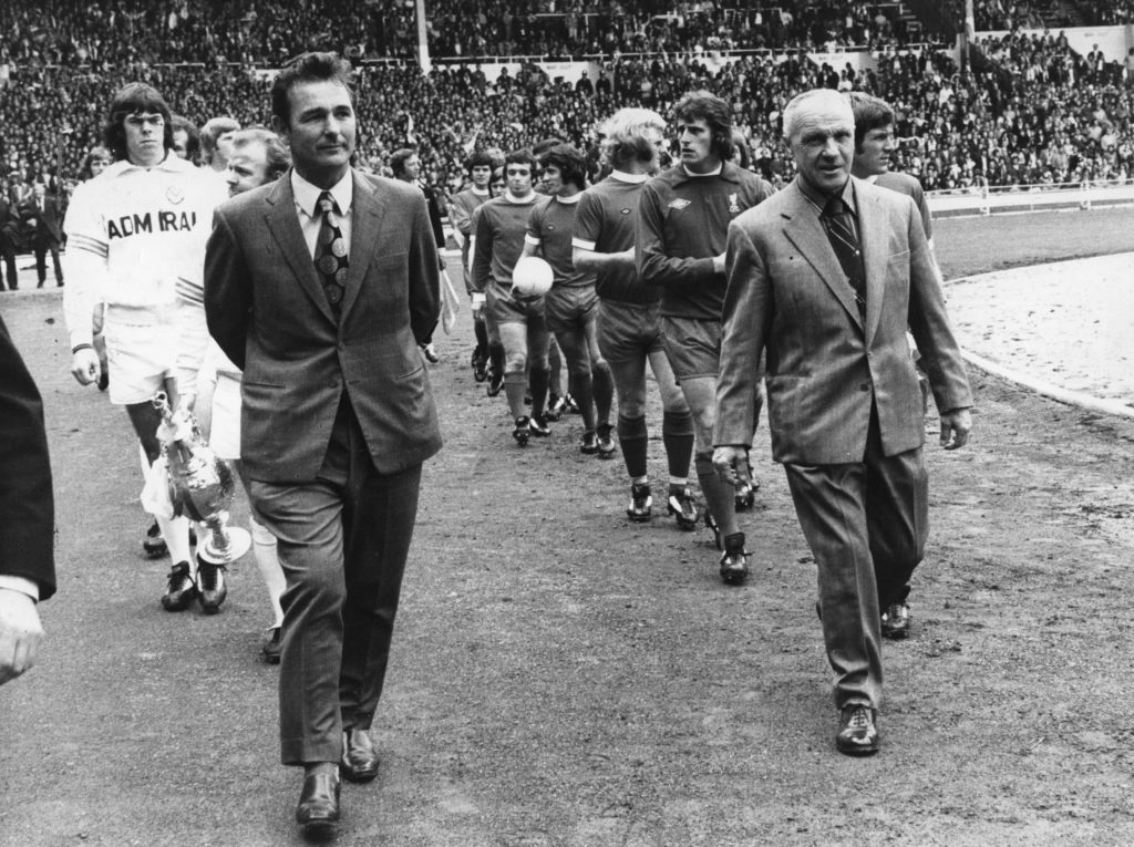 Brian Clough and Bill Shankly lead out Leeds United and Liverpool in the 1974 Charity Shield