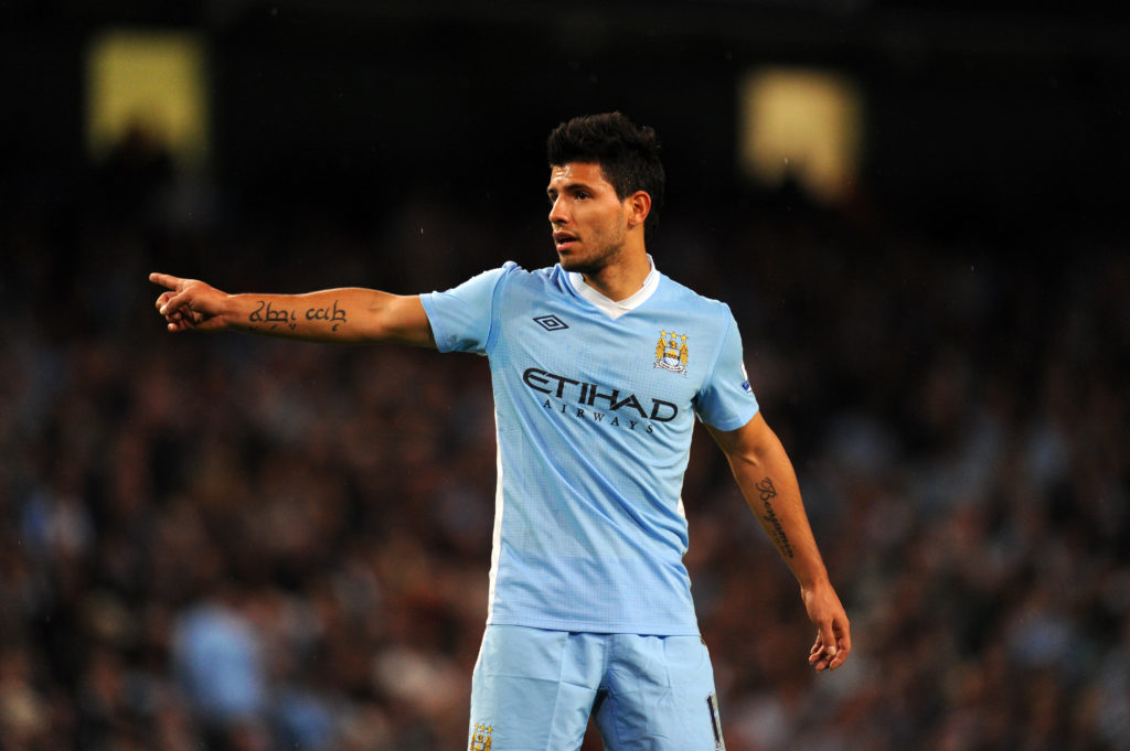 Sergio Aguero points during in 2011 Barclays Premier League game between Manchester City and Swansea City