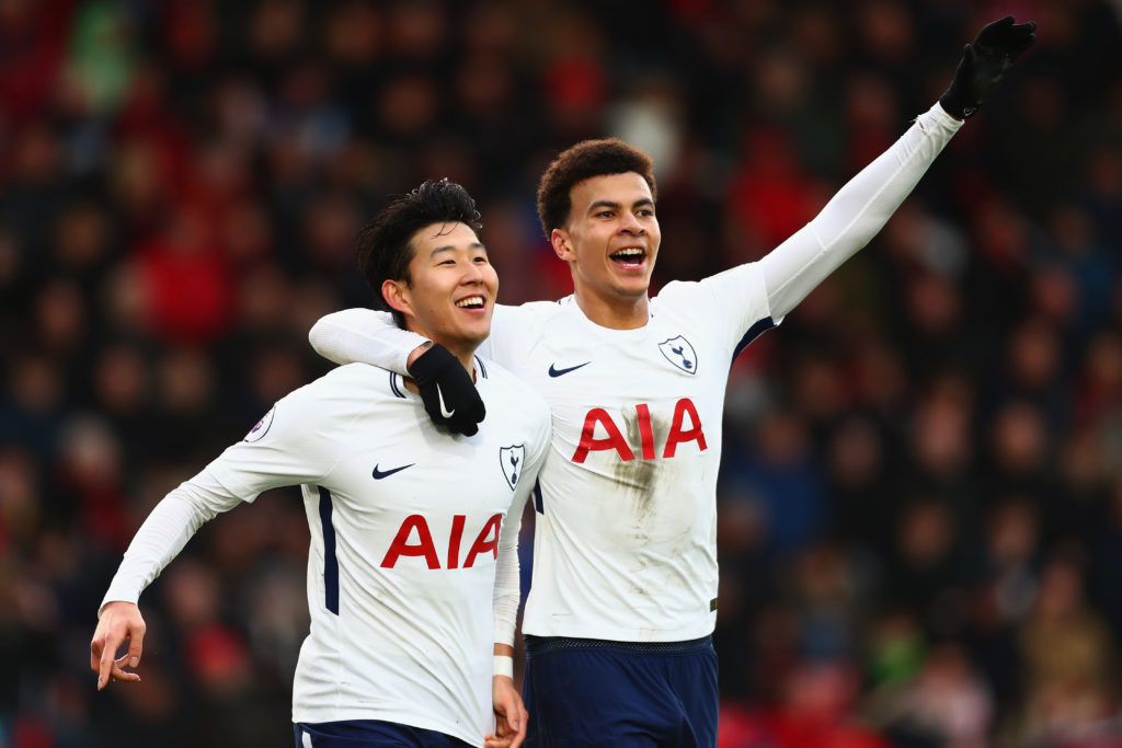 Heung-Min Son of Tottenham Hotspur celebrates after scoring his sides second goal with Dele Alli of Tottenham Hotspur during the Premier League match between AFC Bournemouth and Tottenham Hotspur at Vitality Stadium on March 11, 2018