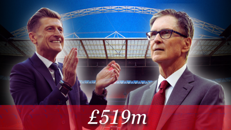 Illustration image of Crystal Palace chairman Steve Parish and Liverpool owner John Henry superimposed over Wembley Stadium, with '£519m' wordage