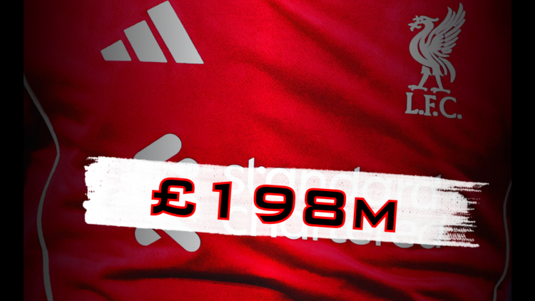 An illustration image of Liverpool FC's 2025-26 home kit, with Adidas and Standard Chartered logos prominent, and '£198m' wordage