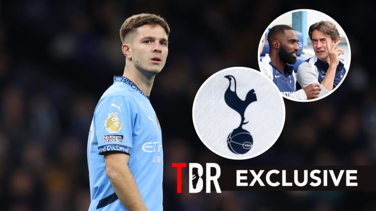 Man City midfielder James McAtee during Premier League match. Inset of Tottenham Hotspur badge and Thomas Frank.