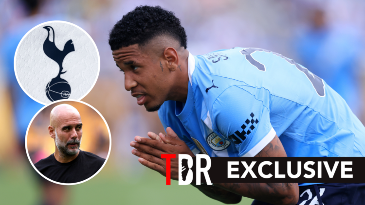 Man City forward Savinho during FIFA Club World Cup match. Inset of Pep Guardiola and Tottenham Hotspur badge.