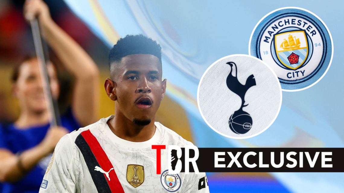 Man City winger Savinho ahead of FIFA Club World Cup match. Inset of Tottenham Hotspur badge and Man City badge.