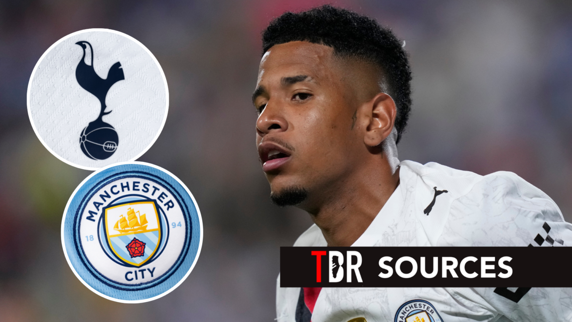 Man City attacker Savinho during FIFA Club World Cup match. Inset of Tottenham Hotspur and Man City badges.