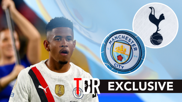 Man City winger Savinho during FIFA Club World Cup match. Inset of Man City badge and Tottenham Hotspur badge.