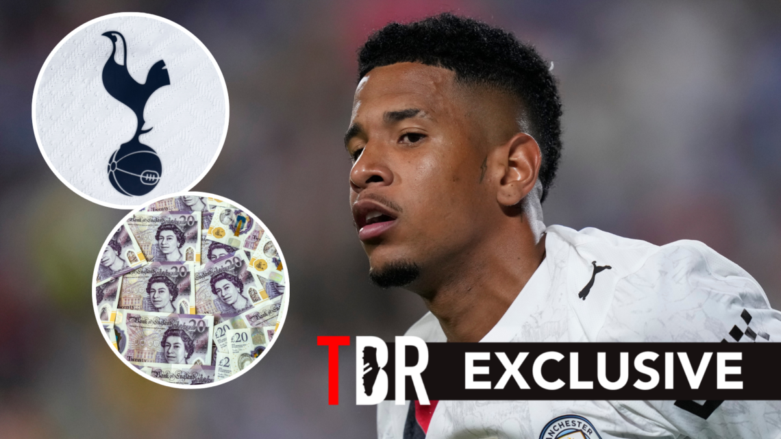 Man City winger Savinho in action during the FIFA Club World Cup. Inset of Tottenham Hotspur badge and money.