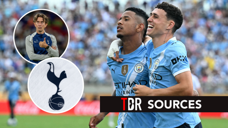 Manchester City winger Savinho at the FIFA Club World Cup. Inset of Tottenham Hotspur badge and Thomas Frank.