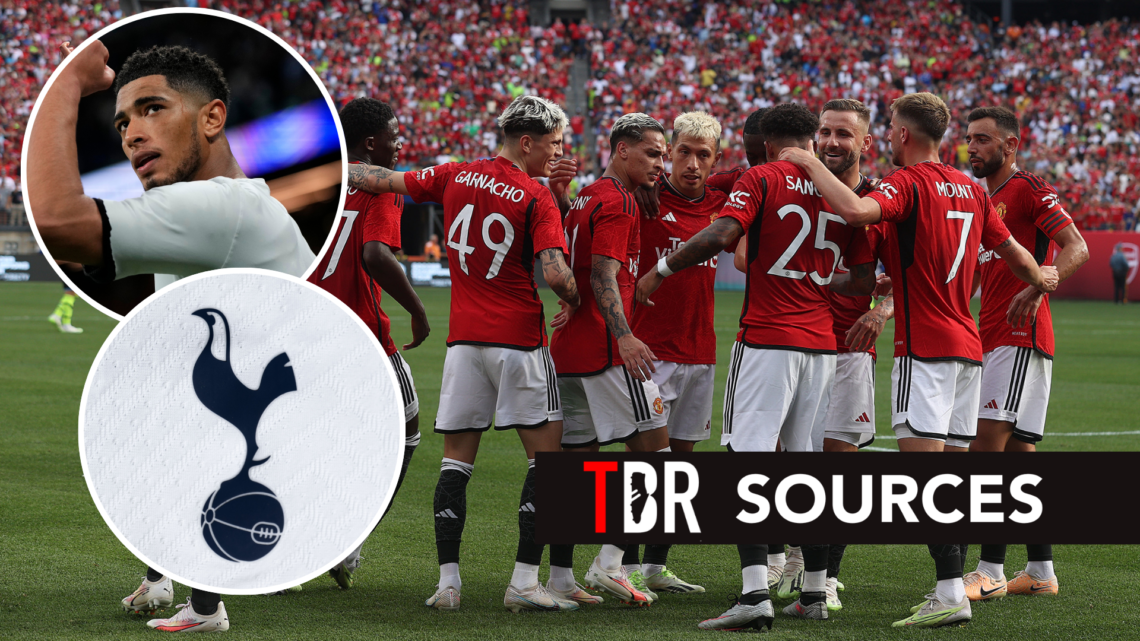 Manchester United winger Jadon Sancho during pre-season friendly match. Inset of Tottenham Hotspur badge.