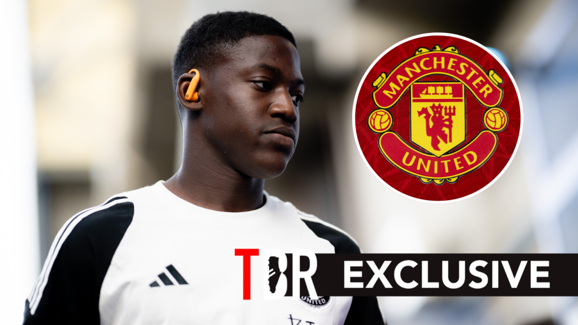 Manchester United midfielder Kobbie Mainoo ahead of Premier League match. Inset of Man United badge.