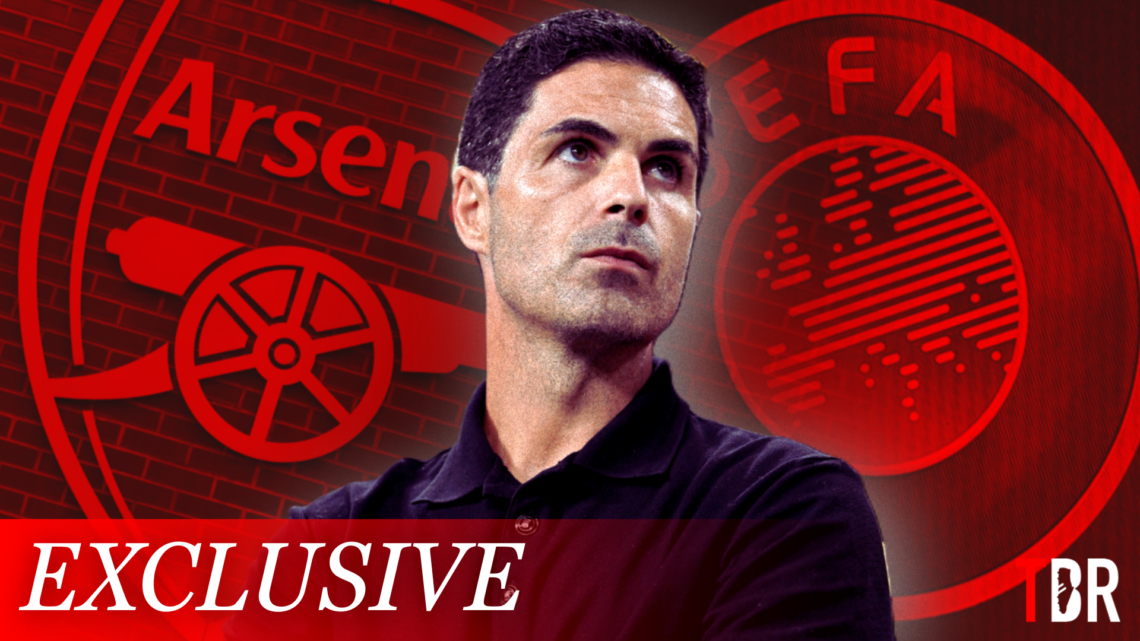 Illustration image of Mikel Arteta flanked by the Arsenal and UEFA logos and 'exclusive' wordage, with TBR Football logo