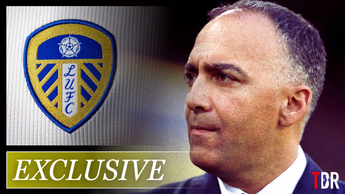Illustration image of 49ers Enterprises president Paraag Marathe, the Leeds United badge and 'exclusive' wordage with TBR Football logo