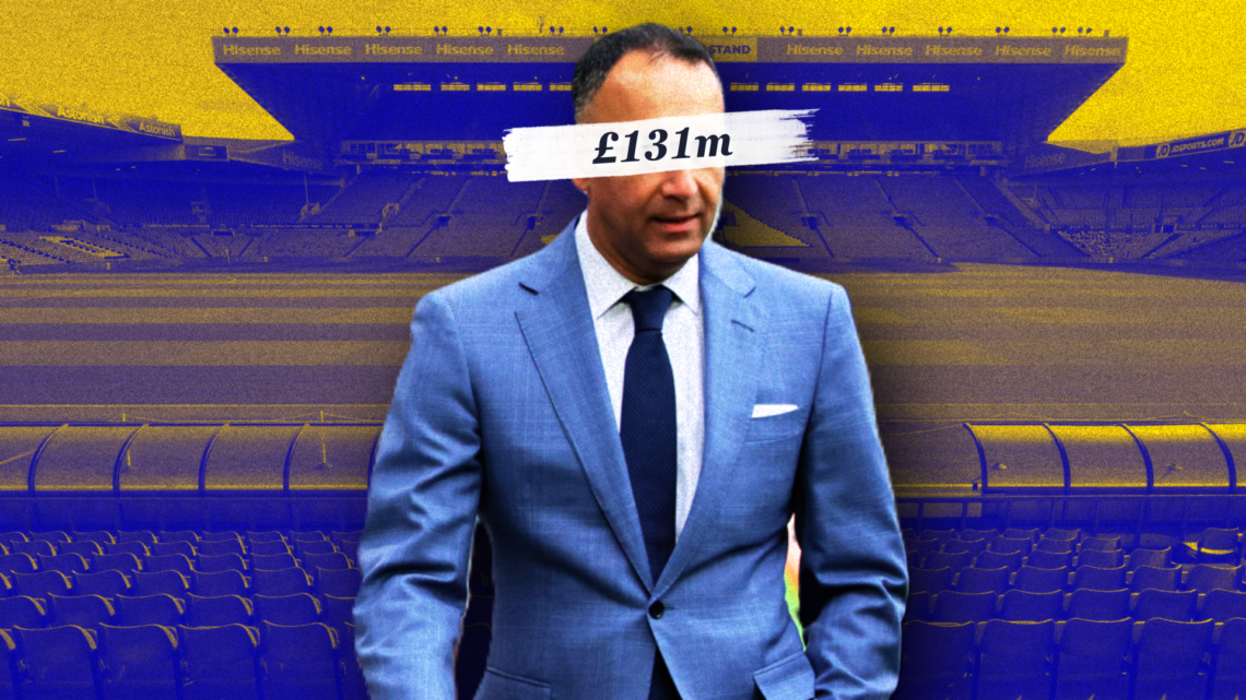 Illustration image of Leeds United and 49ers president Paraag Marathe superimposed over Elland Road, with '£131m' wordage