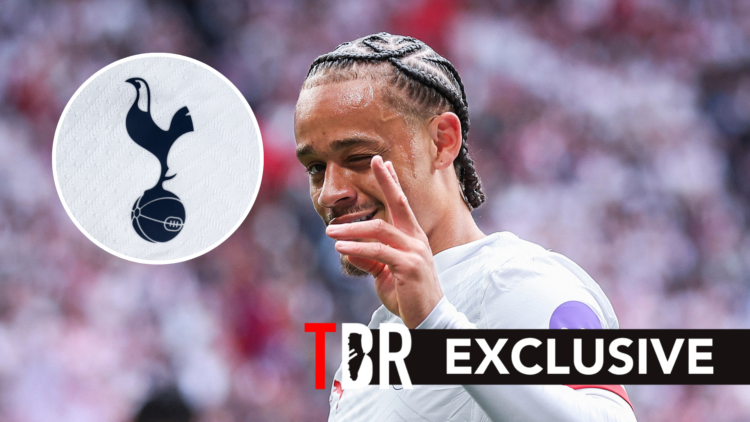 RB Leipzig midfielder Xavi Simons celebrates during Bundesliga match. Inset of Tottenham Hotspur badge.