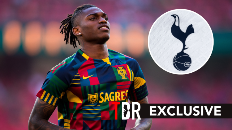 AC Milan attacker Rafael Leao ahead of Portugal match. Inset of Tottenham Hotspur badge.
