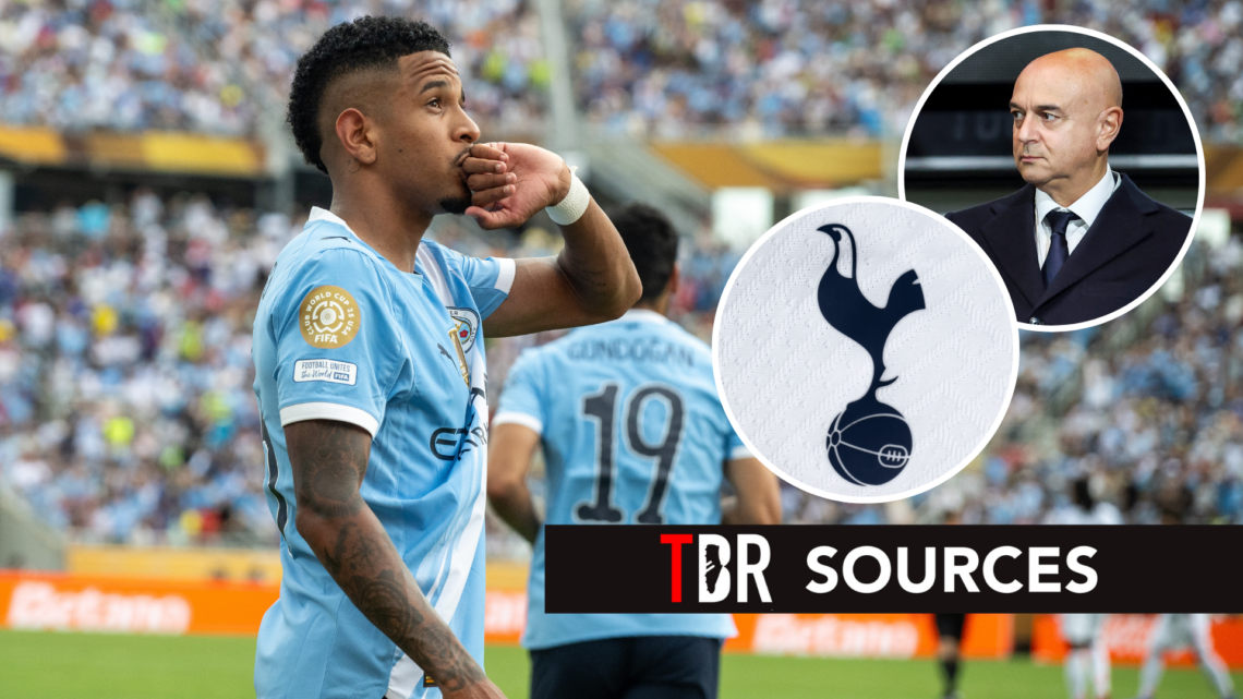 Savinho celebrates goal for Man City at the FIFA Club World Cup. Inset of Tottenham Hotspur badge and chairman Daniel Levy.