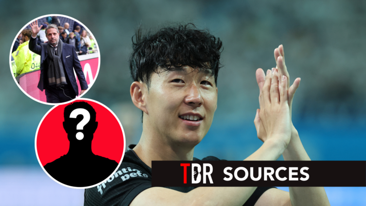 Son Heung-min reacts after playing his final match for Tottenham. Inset of Fabio Paratici from Tottenham Hotspur and a mystery player.