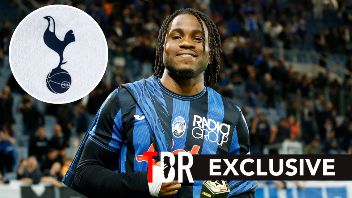 Tottenham Hotspur target Ademola Lookman after Atalanta match. Inset of Tottenham badge.