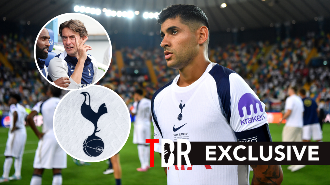 Tottenham Hotspur captain Cristian Romero after UEFA Super Cup final. Inset of Thomas Frank and Spurs badge.
