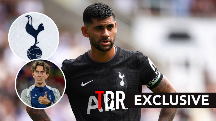 Tottenham Hotspur defender Cristian Romero during pre-season match. Inset of Thomas Frank and Tottenham badge.