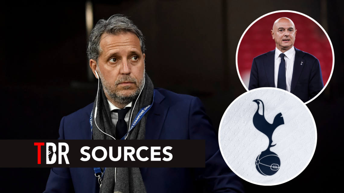 Tottenham Hotspur sporting director Fabio Paratici ahead of Champions League match. Inset of Tottenham badge and Daniel Levy.