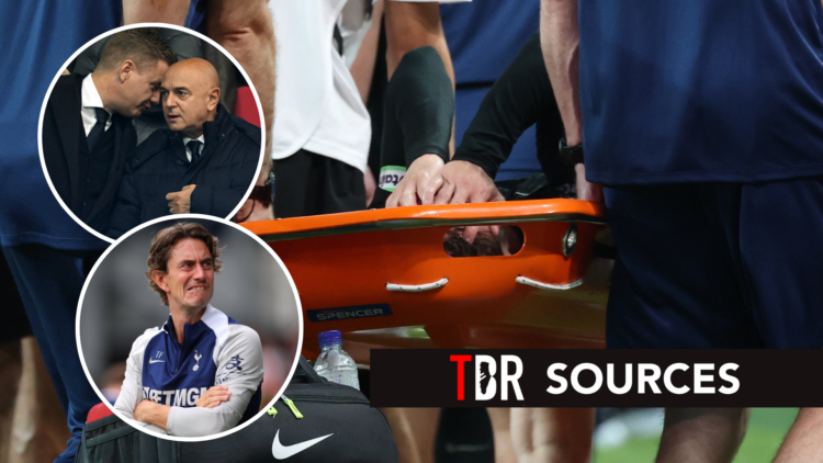 Tottenham Hotspur midfielder James Maddison stretchered off injured. Inset of Thomas Frank and Daniel Levy.