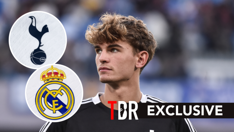 Tottenham Hotspur target Nico Paz ahead of Como match. Inset of Real Madrid badge and Spurs badge.