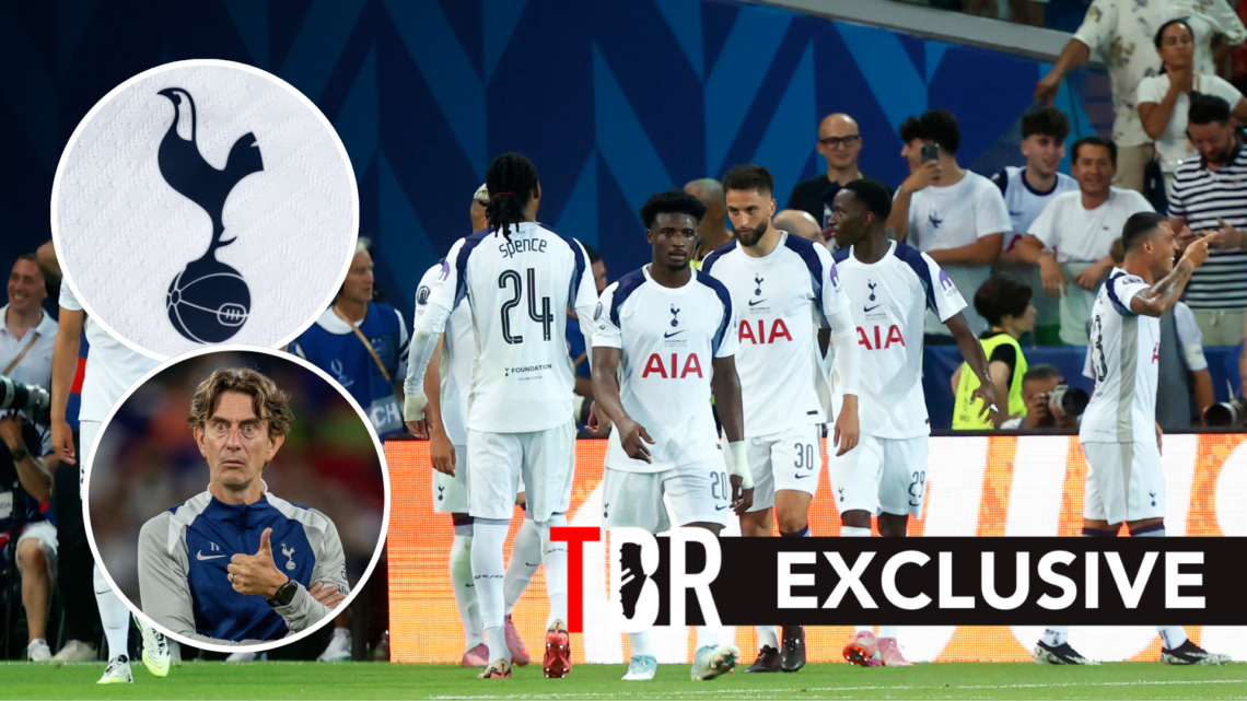 Tottenham Hotspur midfielder Rodrigo Bentancur during UEFA Super Cup Final. Inset of Thomas Frank and Spurs badge.