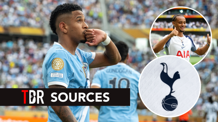 Tottenham Hotspur target Savinho during FIFA Club World Cup match. Inset of Xavi Simons and Tottenham badge.