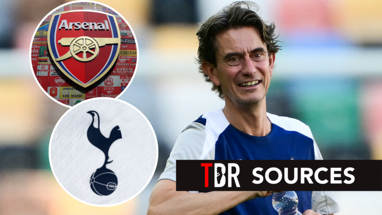 Tottenham Hotspur manager Thomas Frank ahead of UEFA Super Cup final. Inset of Arsenal badge.