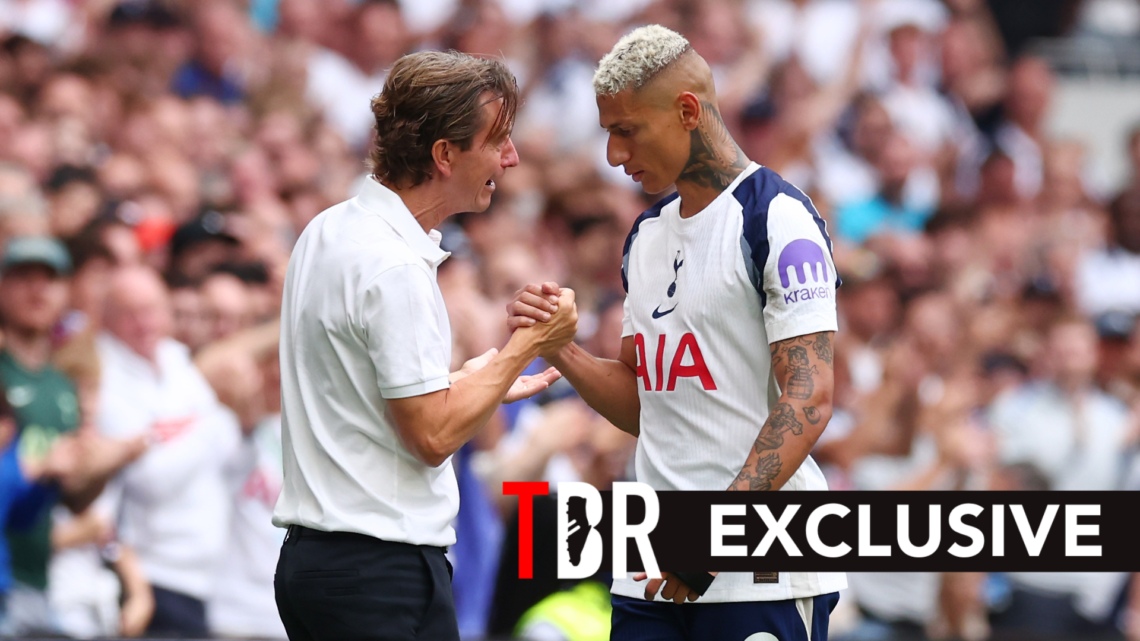 Tottenham Hotspur manager Thomas Frank embraces Richarlison after he's subbed off against Burnley.