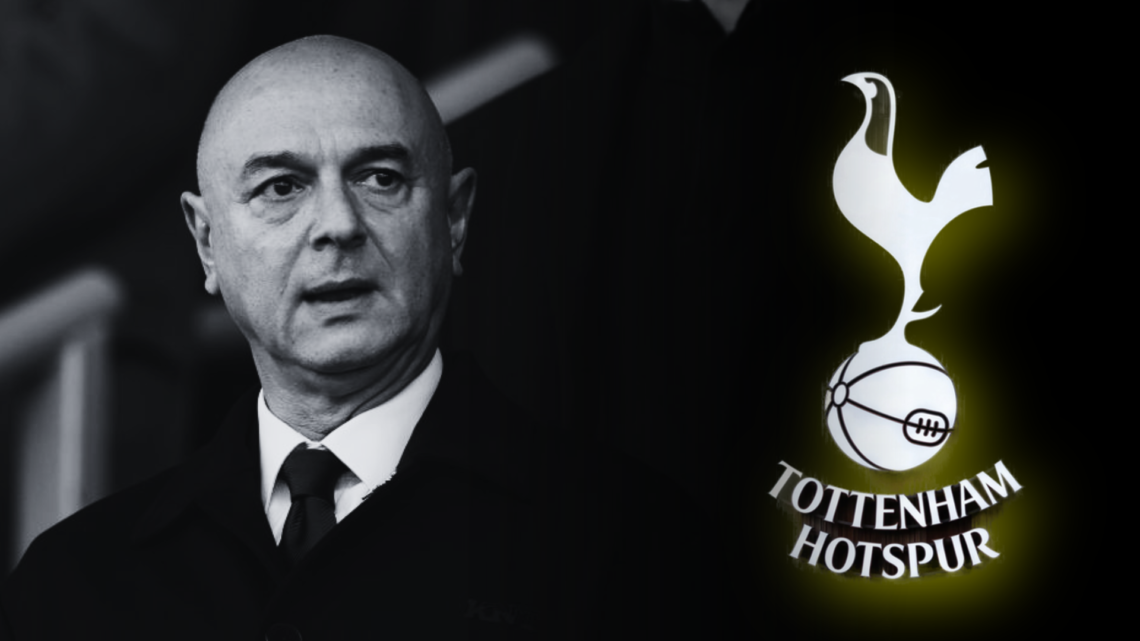 Tottenham badge illustration, with Daniel Levy inset in black-and-white