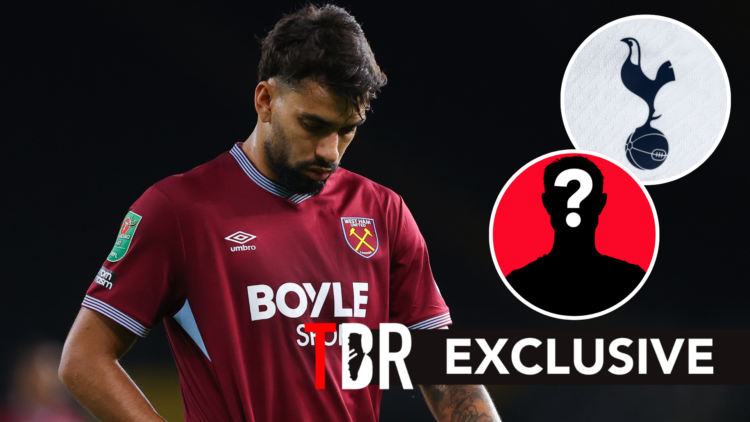 West Ham United midfielder Lucas Paqueta after being knocked out of the Carabao Cup. Inset of Tottenham Hotspur badge.