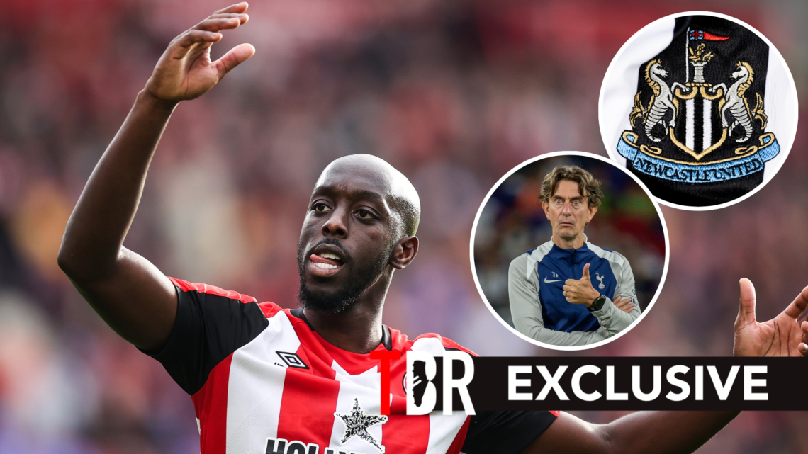 Brentford striker Yoane Wissa during Premier League match. Inset of Thomas Frank of Tottenham Hotspur and Newcastle United badge.