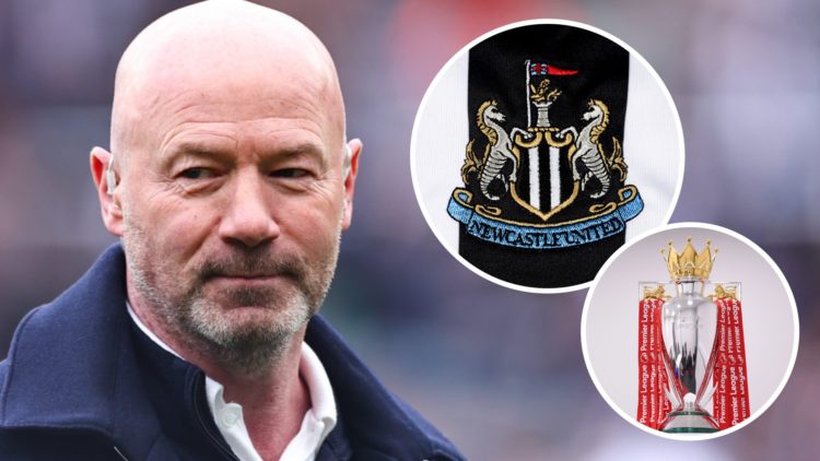 Alan Shearer, Newcastle United badge (inset, top), Premier League trophy (inset, bottom)